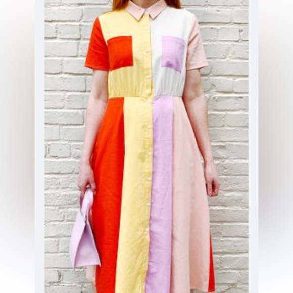 ENGLISH FACTORY COLORBLOCK BUTTON UP LINEN DRESS MIDI SMALL NEW WITH TAGS - Picture 8 of 8